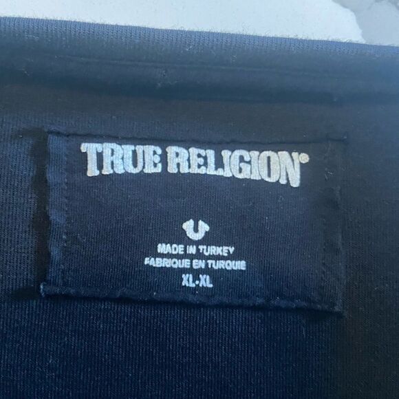 True Religion Mens Crew Sweater Sz XL Black Metal Logo Long Sleeve White Stripe - Picture 4 of 8